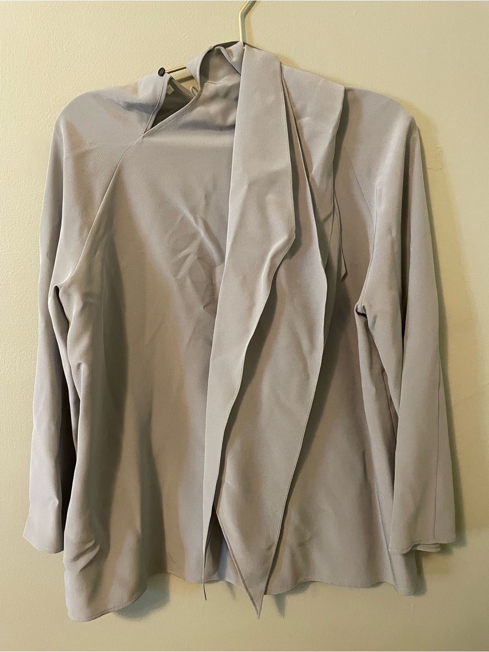 Hermes 100% Gray Silk Top with Tie Neck Collar